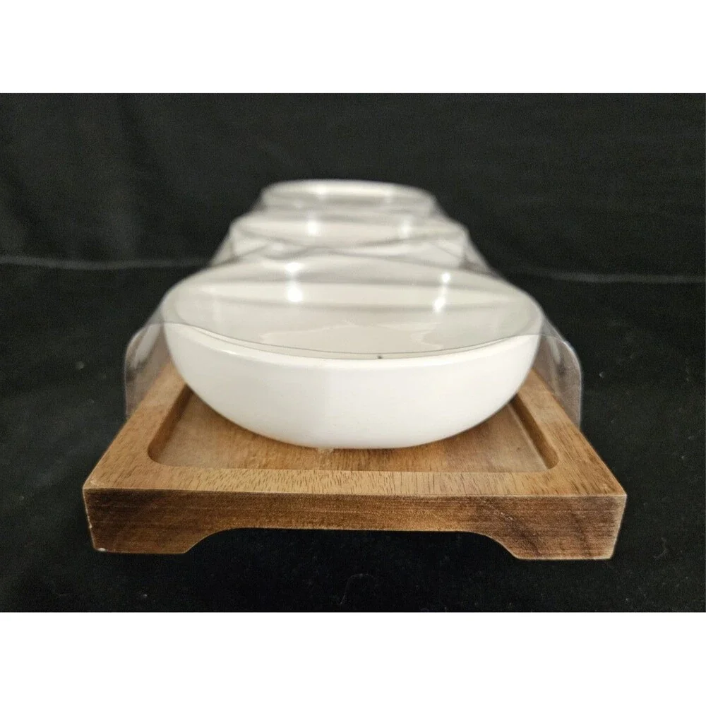 Rae Dunn DIP EAT TASTE Ceramic Bowl Set 4 Pc with Wooden Serving Party Tray New